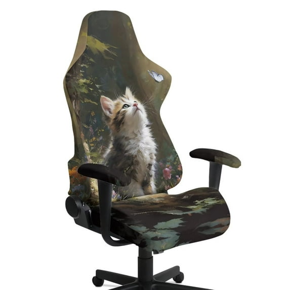 SCRAWLGOD Cat Butterfly Floral Print Gaming Chair Cover with Armrest Cushion, Soft Computer Chair Seat Cover Backrest Slipcovers Stretchable Rotating Desk Chair Seat Protectors