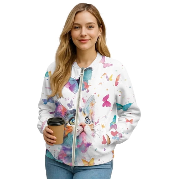 SCRAWLGOD Cat Butterfly Print White Jackets for Women Fall Fashion Coats Crew Neck Stylish Comfortable Sweatshirts Lightweight Zip Up Jackets Dressy Casual, M