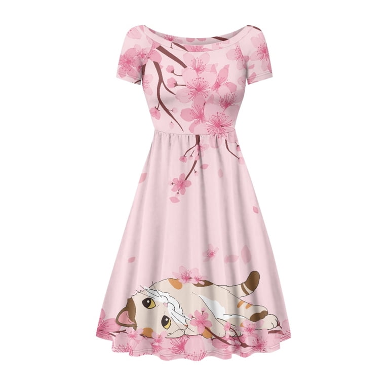 midi casual amazon dresses for women Scrawlgod Cat Cherry Blossom Women Casual Summer Dresses Midi Length with Sleeves Comfortable Casual Summer Dress with Short Sleeves Crewneck Size XL