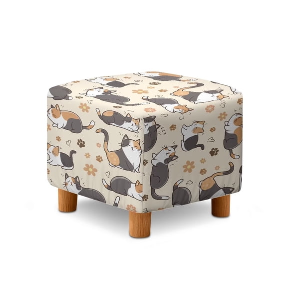 SCRAWLGOD Cat Floral Paw Print Beige Stretch Ottoman Cover, Ottoman Slipcover Square, Soft Foot Stool Cover Protector, Dust Proof Furniture Protector with Elastic Bottom
