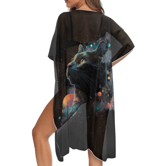 SCRAWLGOD Cat Galaxy Print Swimsuit Cover Up Open Front Long Swimsuit Coverup Soft Quick Dry Bathing Suit Cover Up for Women