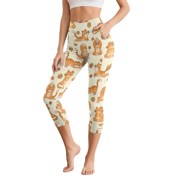 SCRAWLGOD Cat Paw Heart Beige Women's High Waisted Capri Leggings with Pockets - Slim Yoga Pants for Running Cycling Workout - Workout Yoga Leggings Tummy Control, L