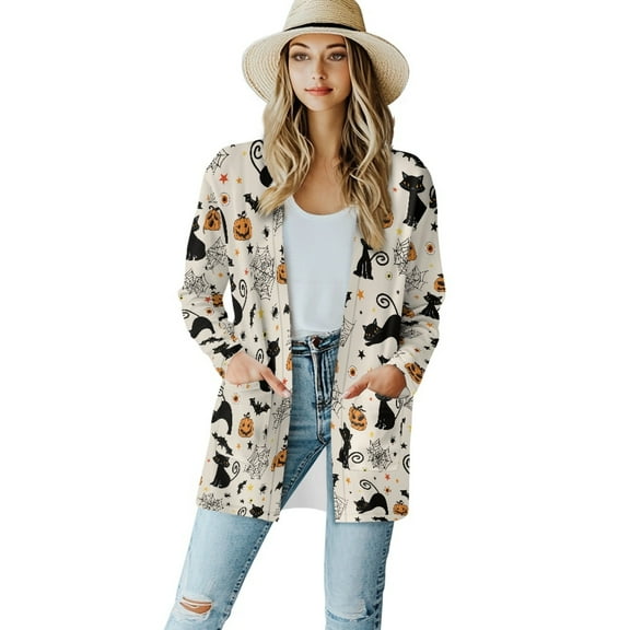 SCRAWLGOD Cat Pumpkins Cardigans for Women Trendy Fall Cardigan Sweaters for Women Lightweight Long Sleeve Ladies Cardigan Sweatshirts Comfy Sweater Jacket for Halloween Size S