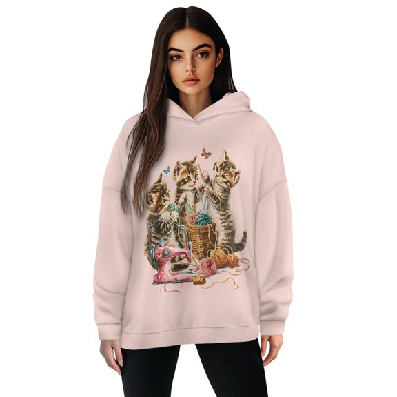 SCRAWLGOD Cats Butterfly Womens Hoodies Pullover Graphic Sweaters for Women Drop Shoulder Collar Woman Hoodie Pullover Size S Breathable Sweatshirt Women Plus for Sports