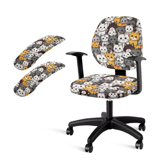 SCRAWLGOD Cats Gray White Soft Computer Chair Slipcover with Armrest Slipcovers 4 PCS Stretch Removable Boss Chair Protector Washable High Back Chair Cover