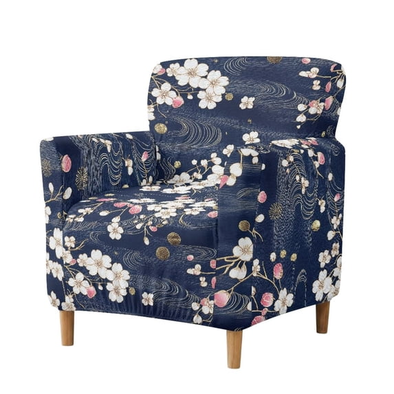 SCRAWLGOD Chair Sofa Slipcover with Arms, Stretchable Armchair Cover Washable Small Couch Cover for Living Room Decor, Japanese Navy Cherry Blossom