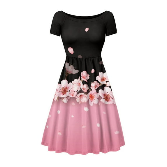 SCRAWLGOD Cherry Blossom Dresses for Women Plus Size L Summer Dresses with Sleeves Midi Length Summer Dresses for Women Casual Party Flexible Women Dress Shorts Knee Length for Holidays
