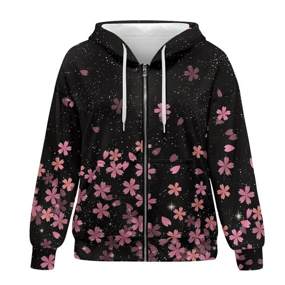SCRAWLGOD Cherry Blossom Hoodies for Women Zip Up Lightweight Jacket Long Sleeve Women Oversized Sweatshirt Elastic Zip Hoodies for Women Trendy Size S