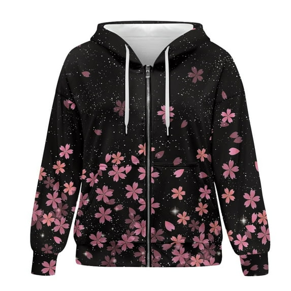 SCRAWLGOD Cherry Blossom Hoodies for Women Zip Up Lightweight Jacket Long Sleeve Women Oversized Sweatshirt Elastic Zip Hoodies for Women Trendy Size XL