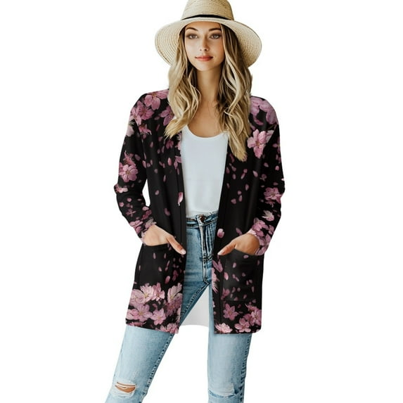 SCRAWLGOD Cherry Blossom Long Cardigans for Women Lightweight Jacket with Pockets Size M Long Sleeve Womens Cardigan Sweaters Dressy Washable Work Cardigan for Women Office