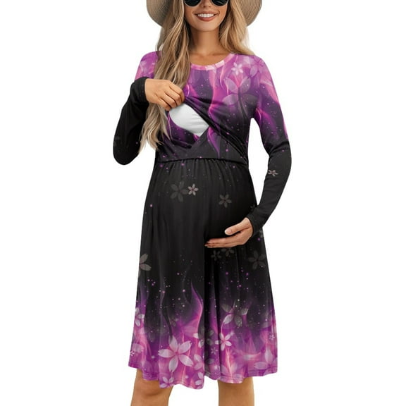 SCRAWLGOD Cherry Blossom Nursing Dress for Breastfeeding Dresses for Women Clothes Long Sleeve Dress Midi for Women Fall Outfits Size S Stretchable Maternity Dress for Baby Shower