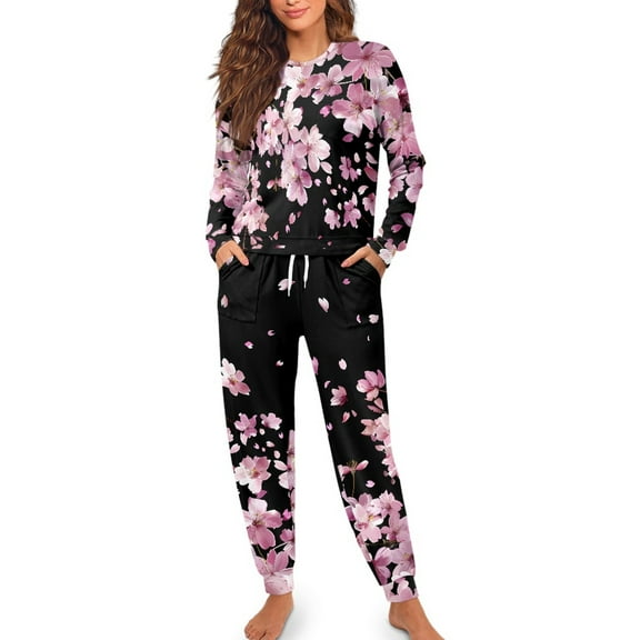 SCRAWLGOD Cherry Blossom Pajamas Sets for Women Soft Long Sleeve Sleepwear Set of 2 Pjs Crewneck Pj for Women Fall Breathable Ladies Pajama Sets Size M