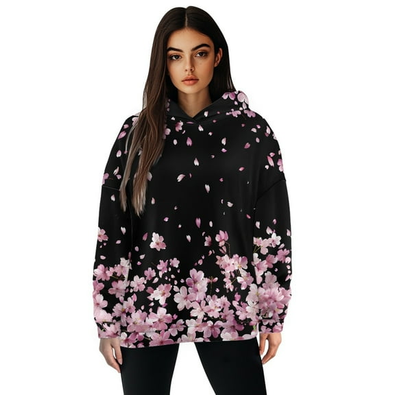 SCRAWLGOD Cherry Blossom Pattern Womens Hoodies Pullover Graphic Sweaters for Women Plus Size XL Loose Hoodie Blouses for Women Crewneck Ladies Hooded Sweaters Office