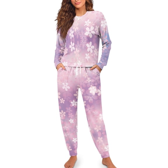 SCRAWLGOD Cherry Blossom Pjs for Women Pajama Sets Long Sleeve Pj Woman Sleepwear Crewneck Womens Pajamas Trendy Size L Comfy Two Piece Lounge Set for Women