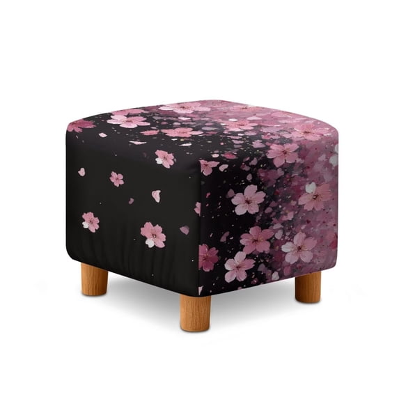 SCRAWLGOD Cherry Blossom Print Pink Black Ottoman Slipcover, Removable Footstool Decoration Non Slip Rectangular Furniture Protection for Footrest Sofa