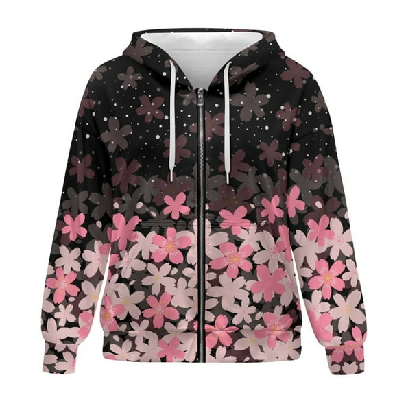 SCRAWLGOD Cherry Blossom Print Women Zipper Hoodies Sweatshirts for Women Trendy Graphic Long Sleeve Activewear Women Jacket Leisure Zip Hoodies for Women Plus Size XL for Walks