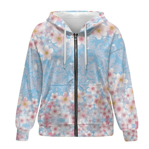 SCRAWLGOD Cherry Blossom Print Women's Plus Size M Zip Up Hoodies Women Graphic Long Sleeve Zipup Hoodie Women Fall Breathable Zipper Sweatshirt Women Picnic