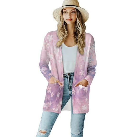 SCRAWLGOD Cherry Blossom Sweater Cardigan Women Long Lightweight Cardigan for Women Party Size 2XL Stretchable Sweater Jacket for Women Trendy Long Sleeve Women Fall Outfits