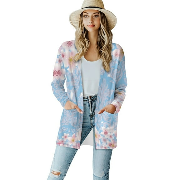 SCRAWLGOD Cherry Blossom Women Cardigans Lightweight Long Sleeve Graphic Shirts Size S Comfortable Long Cardigan Jackets for Women Trendy Elastic Fall Cardigan Sweaters