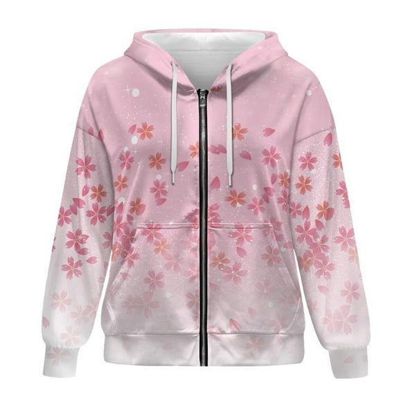 SCRAWLGOD Cherry Blossom Women Hooded Zip Up Sweaters for Women Trendy Long Sleeve Oversized Zipper Hoodie for Women Office Comfy Women Clothing Plus Size S