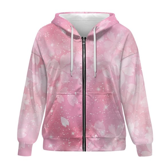 SCRAWLGOD Cherry Blossom Women's Plus Size Zip Up Hoodies for Women Oversized Drawstring Zippered Hoodies for Women Graphic Loose Women Clothing Tops Size L for Clubs