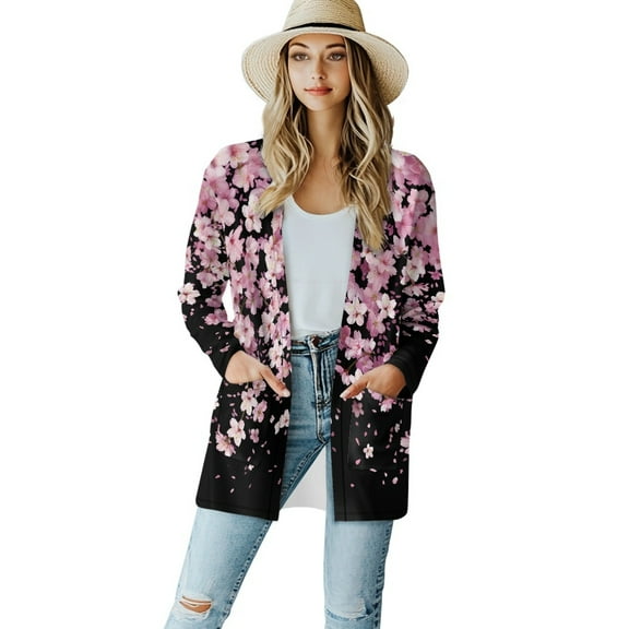 SCRAWLGOD Cherry Blossom Womens Cardigans Lightweight Sweaters for Women Open Front Long Sleeve Sweater Coat with Pockets Size M Washable Ladies Cardigan Sweatshirts for Casual