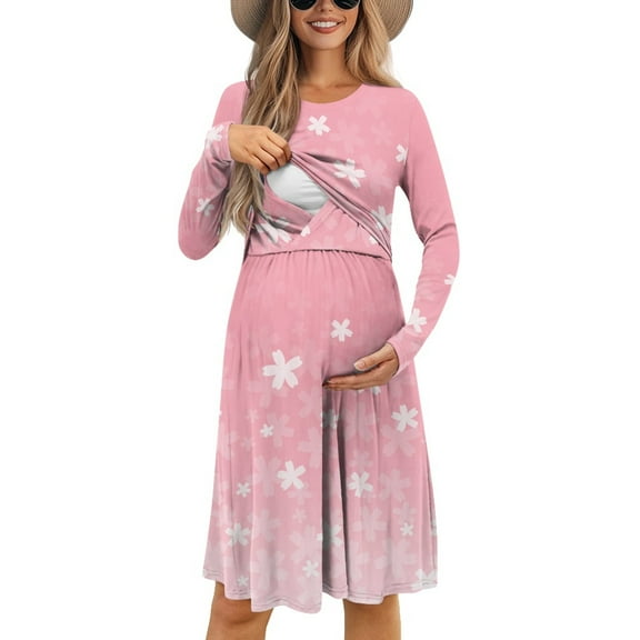 SCRAWLGOD Cherry Blossom Womens Maternity Dress Long Sleeve Nursing Dress for Breastfeeding Size 2XL Crewneck Midi Pregnancy Dresses for Women Casual Clothes Elastic A Line Dress