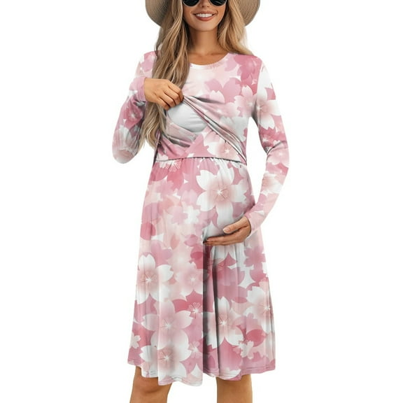 SCRAWLGOD Cherry Blossom Womens Maternity Dress Long Sleeve Nursing Dress for Breastfeeding Size M Crewneck Pregnancy Clothes for Women Fall Dress Soft Women's A Line Dresses
