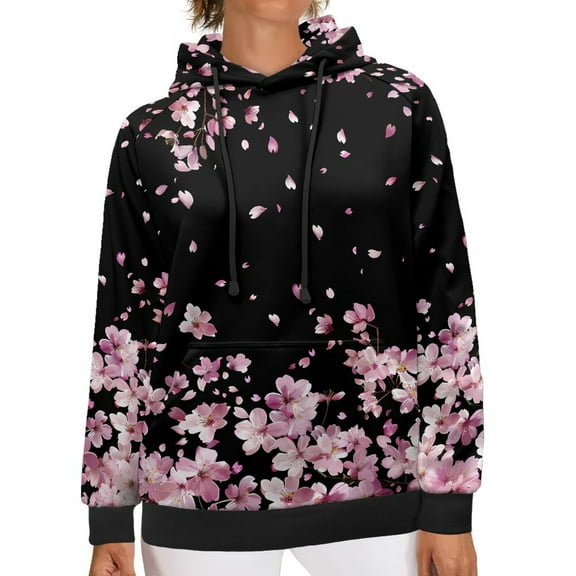 SCRAWLGOD Cherry Blossoms Woman Hoodies Pullover Graphic Sweaters for Women Plus Size S Long Sleeve Hooded Sweatshirt Women Travel Soft Womens Hoodies Trendy