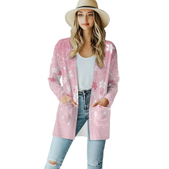 SCRAWLGOD Cherry Blossoms Womens Cardigans Lightweight Long Sleeve Tops for Women Trendy Size XL Long Sleeve Sweater Jacket for Women Casual Soft Sweater Coat with Pockets