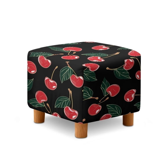 SCRAWLGOD Cherry Leaf Print Black Square Ottoman Slipcover, Removable Washable Footrest Stool Cover Foldable Storage Furniture Protector Elastic Ottoman Cover for Pets