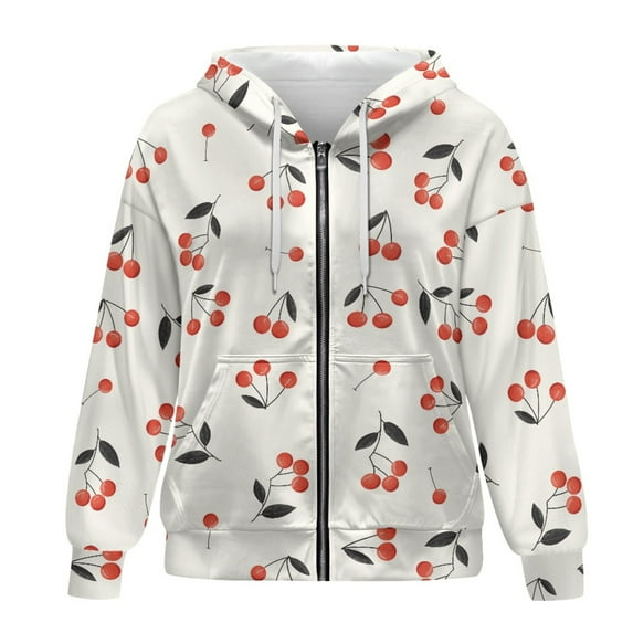 SCRAWLGOD Cherry Women Hoodies Zip Up Sweatshirt Women Oversized Graphic Hoodie Long Sleeve Womens Plus Size XS Hoodie Zip Up Comfy Women Outfits Casual Work