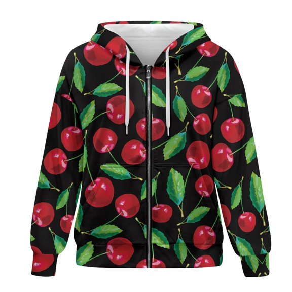 SCRAWLGOD Cherry Womens Hoodie Zip Up Sweatshirt Women Plus Size 4XL Clothing with Pockets Women Oversized Jacket Elastic Sportswear Hoodies for Women Park
