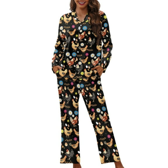 SCRAWLGOD Chicken Pajamas for Women Long Sleeve Button Up Pajama Top Women Soft Size XS V Neck Graphic Pj Sets for Women Washable 2-Piece Lounge Set Women