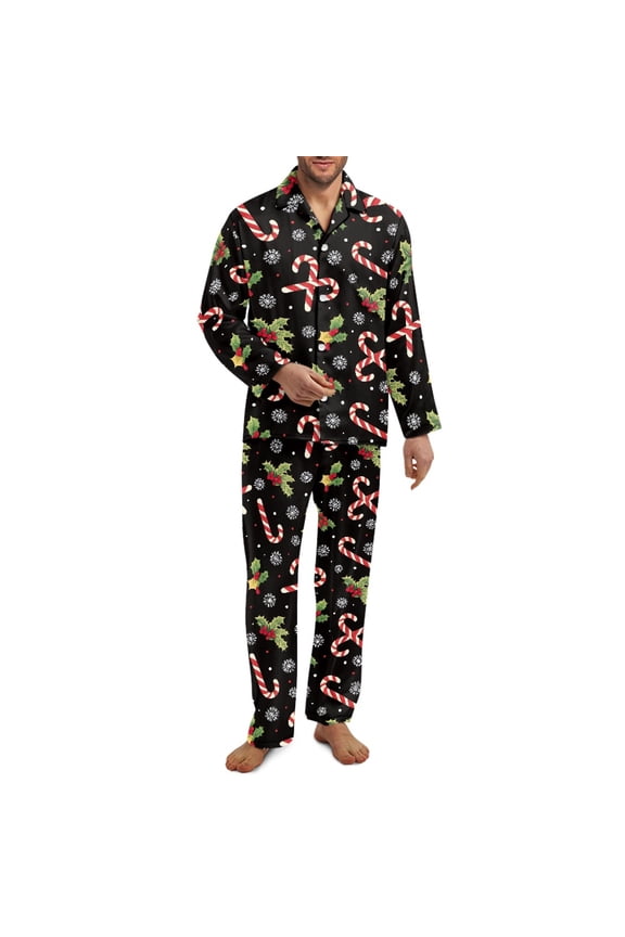 Christmas Candy Cane Holly Spots Black Men Pajamas Set Long Sleeve Pjs, 2 Piece Notch Collar Button Down Tops Soft Elastic Waistband Bottoms with Pockets, Comfortable Sleepwear, 4XL