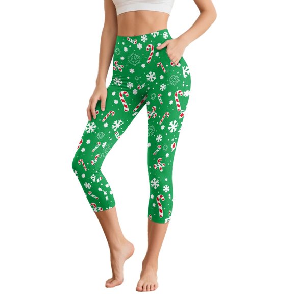 SCRAWLGOD Christmas Candy Cane Snowflake Green High Waisted 3/4 Leggings for Women Tummy Control Stretchy Cropped Tights with Pockets Buttery Soft Yoga Pants for Workout Athletic Running, 3XL