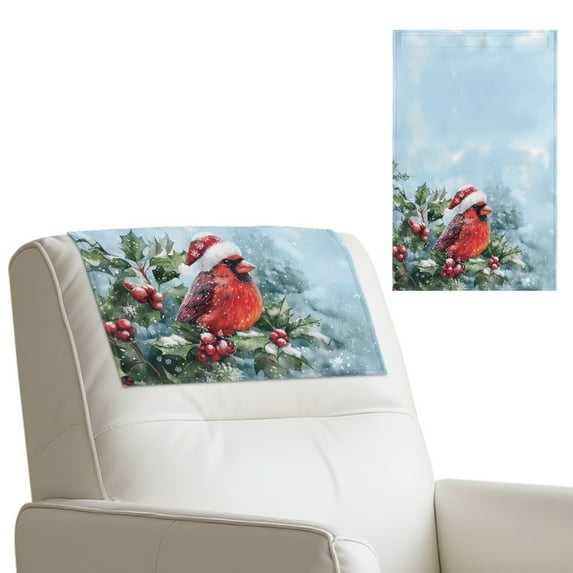 SCRAWLGOD Christmas Cardinal Holly Snow Print Blue 2 Piece Sofa Headrest Cover 17x27in Anti Slip Headrest Protector for Recline Chair Waterproof PU Leather Couch Head Rest Cover for Home