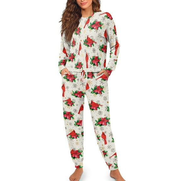 SCRAWLGOD Christmas Cardinal Snowflake Holly Spot Women's 2Pcs Pajama Sets, Long Sleeve Sleepwear with Drawstring Pants, Casual Pajamas for Women Set, Lightweight Pjs Set with Pockets, L