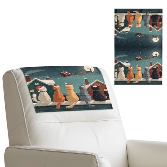 SCRAWLGOD Christmas Cat Santa Claus Elk Moon Print 2 Piece Recliner Headrest Protector, PU Waterproof Headrest Cover, Recliner Headrest Cover for Home,Living Room Decoration 17x27in