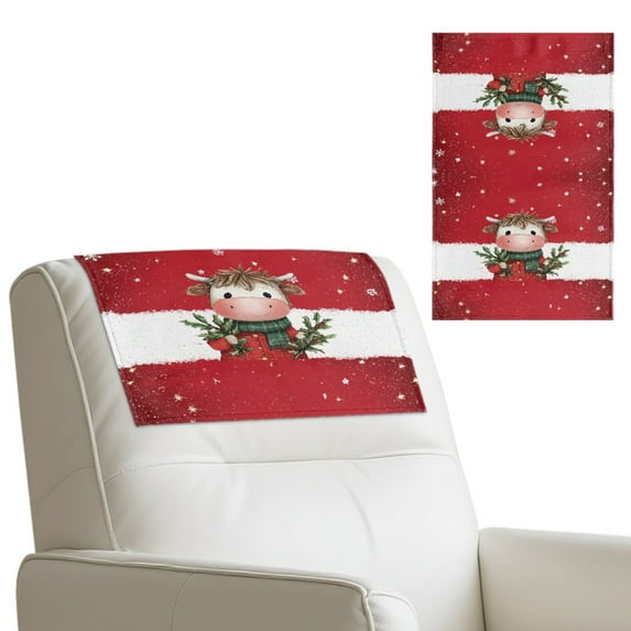 SCRAWLGOD Christmas Cow Holly Snowflake Red White 3 Piece Recliner Headrest Cover Easy Care PU Leather, Wear Resistant & Stain Resistant Couch Chair Head Protector for Sofa 17x27 in