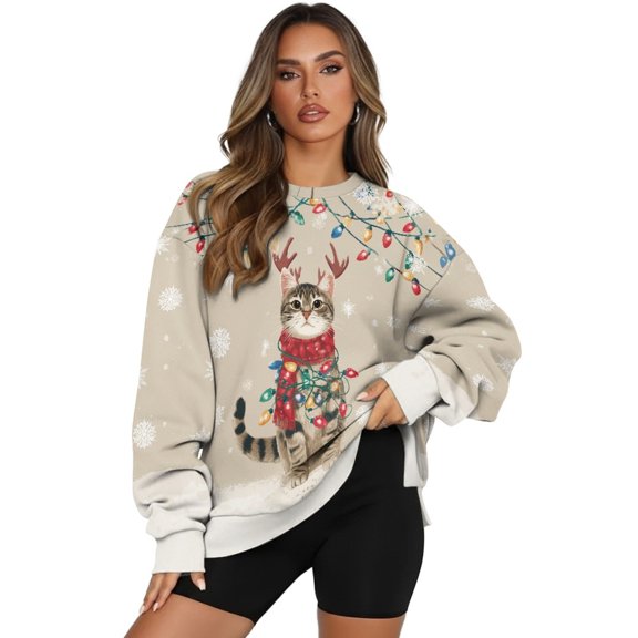 SCRAWLGOD Christmas Day Womens Oversized Sweatshirts Crewneck Long Sleeve Tops Lightweight Cozy Pullover Fall Fashion Clothes with Pockets, Cat Snowflake Light Strip Print Light Beige, 3XL