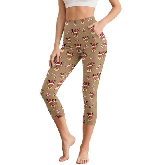 SCRAWLGOD Christmas Elk Candy Cane Brown Women's High Waisted Capri with Pockets Buttery Tummy Control Yoga Leggings Stretch Breathable Workout Athletic Running Yoga Cycling, XS