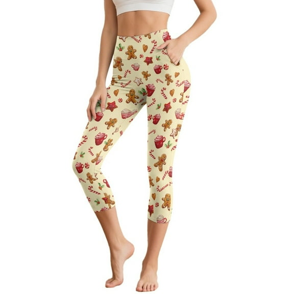 SCRAWLGOD Christmas Gingerbread Man Candy Holly Beige Women's High Waisted Capri with Pockets Buttery Tummy Control Yoga Leggings Stretch Breathable Workout Athletic Running Yoga Cycling, XS
