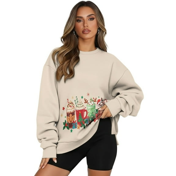 SCRAWLGOD Christmas Gingerbread Man Holly Cup Print Beige Sweatshirt for Women Long Sleeve Crewneck Sweatshirts Fall Casual Clothes Pullover Comfortable Loose Fit Tops with Pockets, M