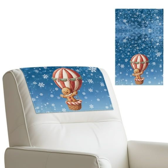 SCRAWLGOD Christmas Gingerbread Man Hot Air Balloon Print Blue 1 PCS PU Leather Headrest Cover Non Slip Sofa Headrest Protector for Recline Chair Head Rest Covers,17x27in