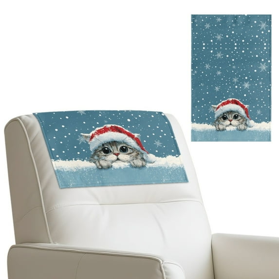 SCRAWLGOD Christmas Hat Cat Snowflake Blue 1 Piece Non Slip Recliner Headrest Protector Washable PU Leather Sofa Headrest Covers for Sofa,Office Chair,Theater Seat, 17x27 in