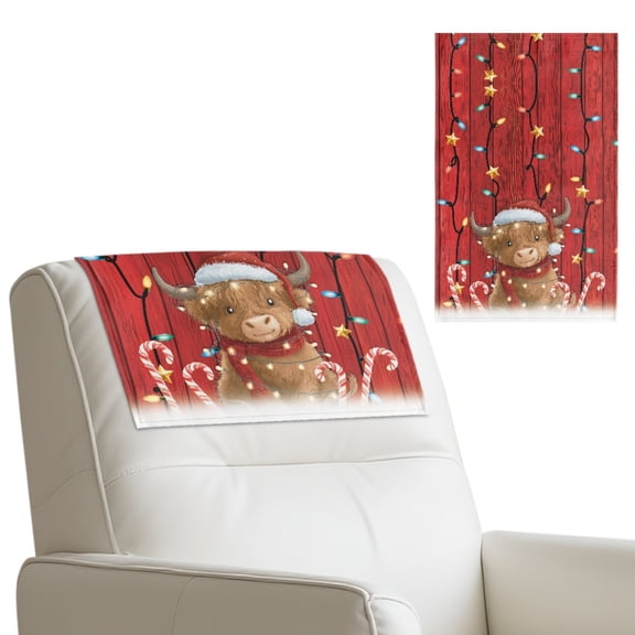 SCRAWLGOD Christmas Highland Cow Light Strip Wood Grain Stars Red 2 Piece Recliner Headrest Cover Easy Care PU Leather, Wear Resistant & Stain Resistant Couch Chair Head Protector for Sofa 17x27 in