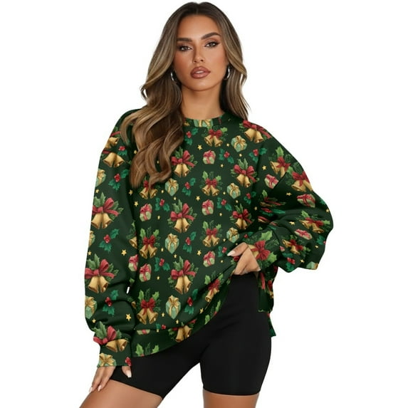 SCRAWLGOD Christmas Holly Bell Box Star Dark Green Womens Long Sleeve Shirts with Pockets Loose Fitting Fashionable Clothes Fall Casual Crewneck Drop Shoulder Pullover Sweatshirts, XL