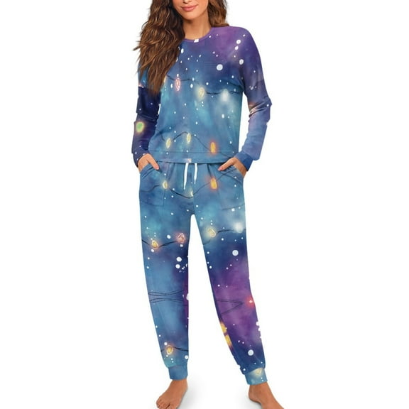 SCRAWLGOD Christmas Lights Pajamas Women Long Sleeve Pjs for Women 2 Piece Outfits Sets Size S Drawstring Pj Set Women Breathable Women Nightwear