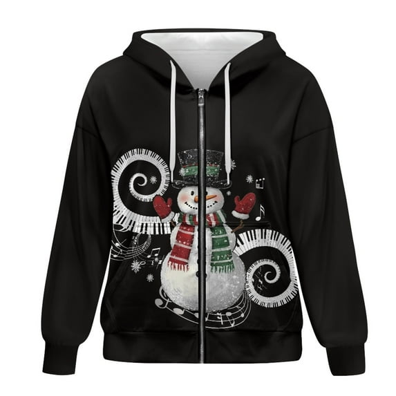 SCRAWLGOD Christmas Music Snowman Zipup Hoodie Women Zip Up Hoodies Plus Size L Long Sleeve Women's Lightweight Zipper Sweatshirt Comfortable Woman Zip Up Hoodie Thin